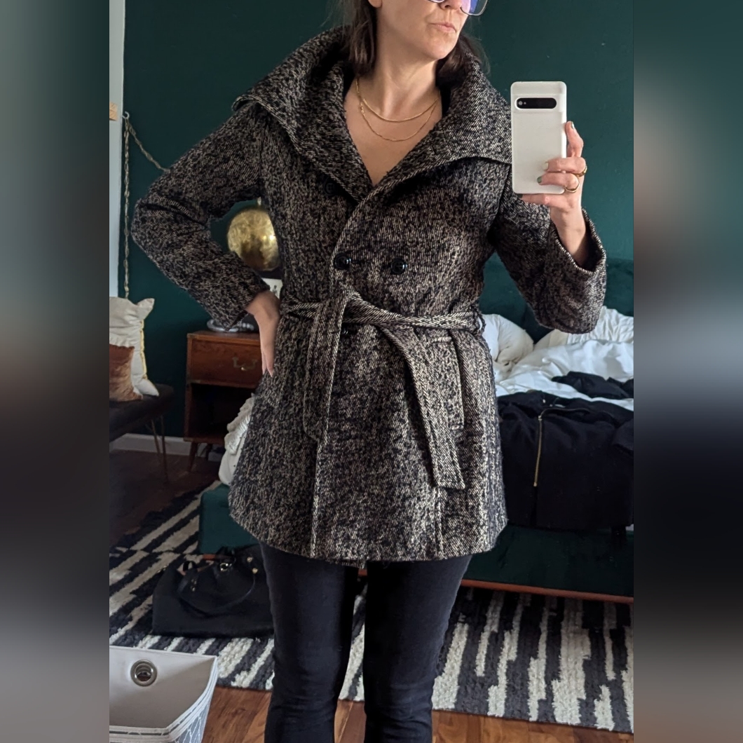 Dkny Black And White Belted Pea Coat